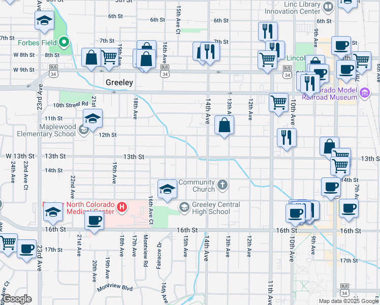 map of restaurants, bars, coffee shops, grocery stores, and more near 1222 15th Avenue in Greeley