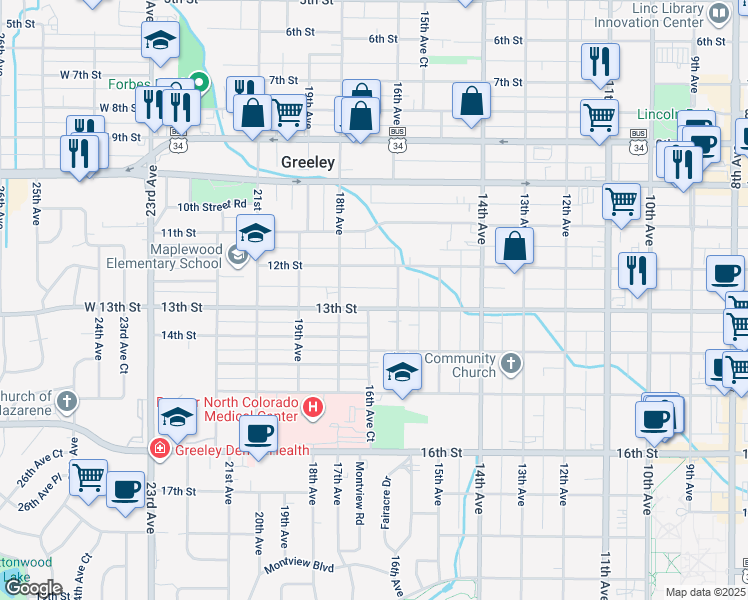 map of restaurants, bars, coffee shops, grocery stores, and more near 1613 13th Street in Greeley