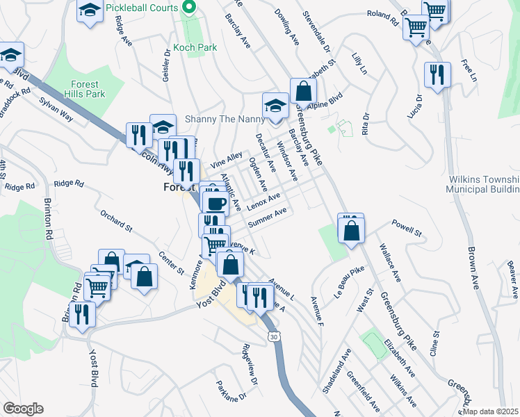 map of restaurants, bars, coffee shops, grocery stores, and more near 211 Lenox Avenue in Pittsburgh
