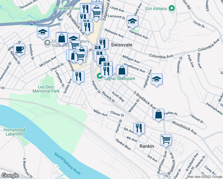 map of restaurants, bars, coffee shops, grocery stores, and more near 2227 Woodstock Avenue in Pittsburgh