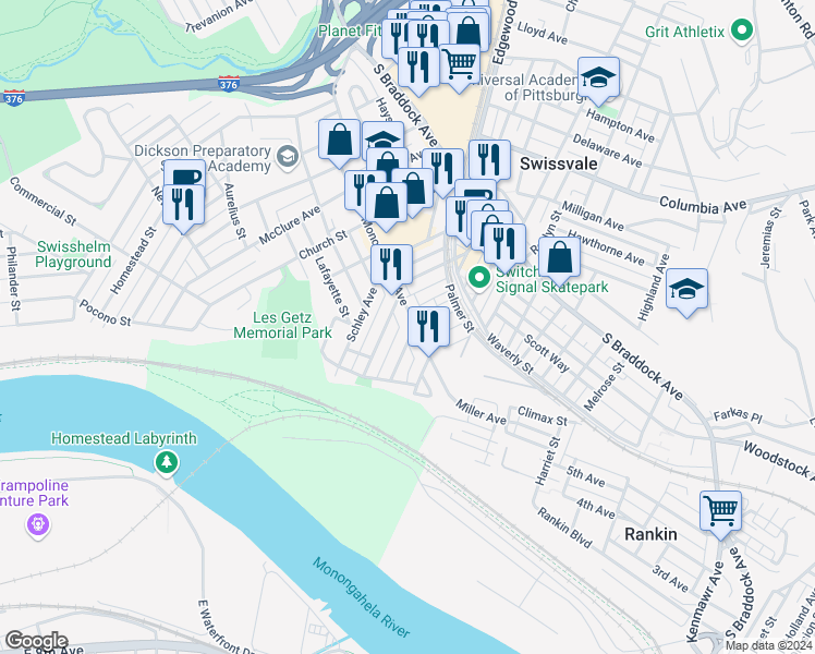 map of restaurants, bars, coffee shops, grocery stores, and more near 2051 Monongahela Avenue in Pittsburgh