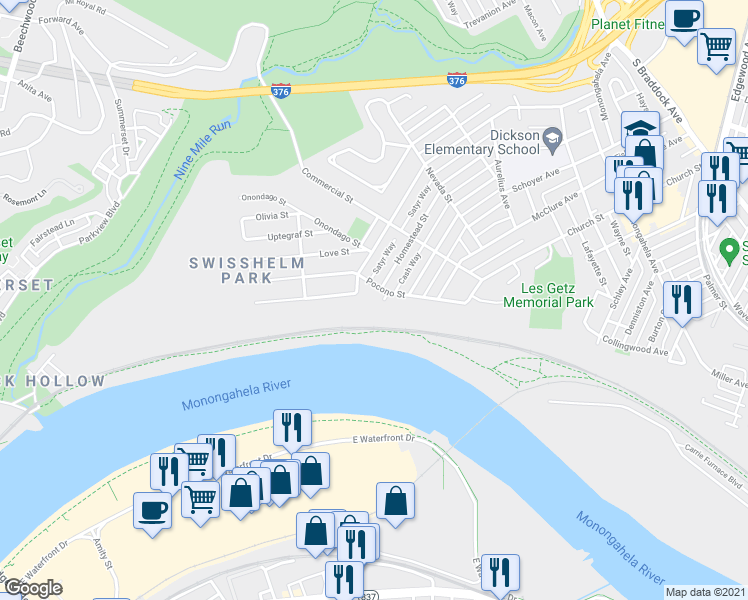 map of restaurants, bars, coffee shops, grocery stores, and more near 1340 Pocono Street in Pittsburgh