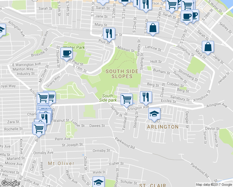 map of restaurants, bars, coffee shops, grocery stores, and more near 2104 Salisbury Street in Pittsburgh
