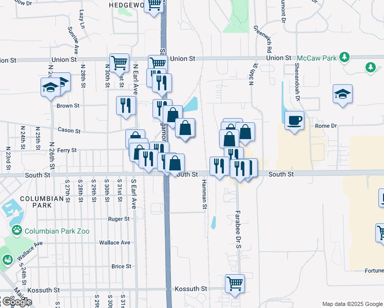 map of restaurants, bars, coffee shops, grocery stores, and more near in Lafayette