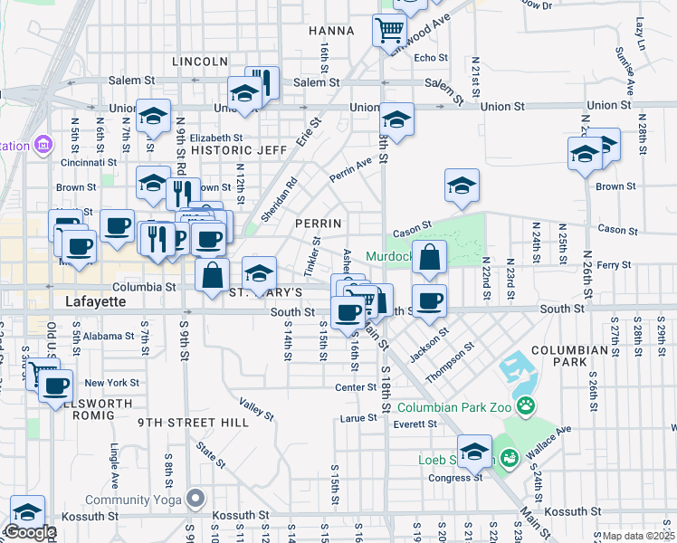 map of restaurants, bars, coffee shops, grocery stores, and more near 1511 Ferry Street in Lafayette
