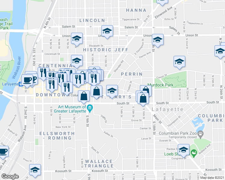map of restaurants, bars, coffee shops, grocery stores, and more near 1217 Main Street in Lafayette