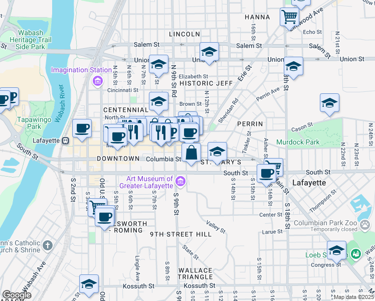 map of restaurants, bars, coffee shops, grocery stores, and more near 925 Main Street in Lafayette
