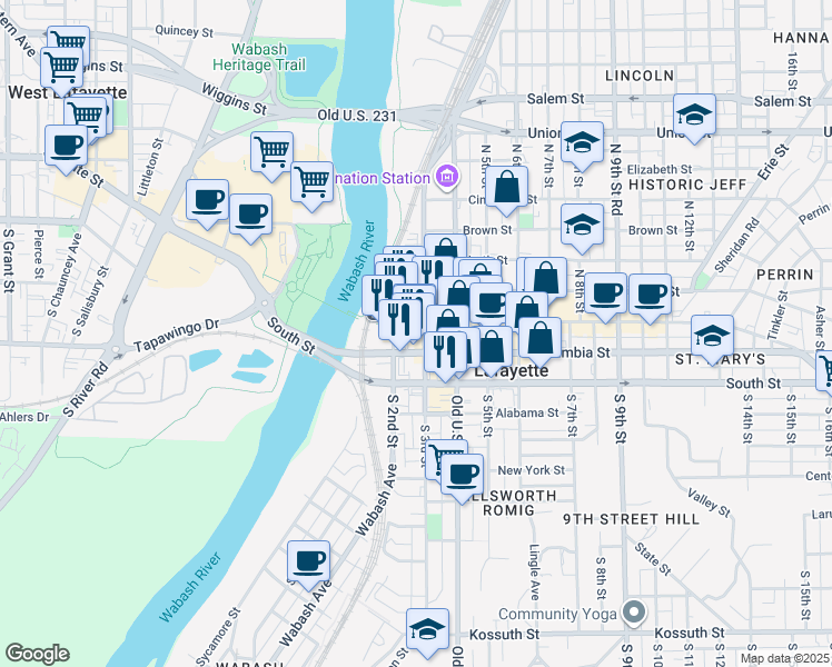map of restaurants, bars, coffee shops, grocery stores, and more near 219 Main Street in Lafayette