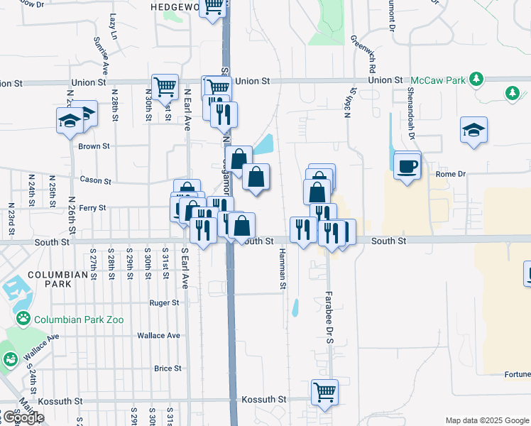 map of restaurants, bars, coffee shops, grocery stores, and more near 311 Sagamore Parkway North in Lafayette