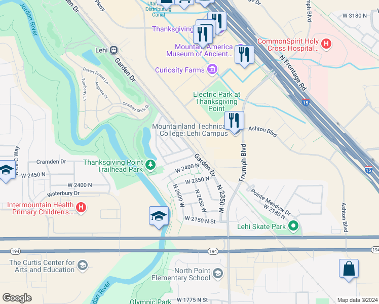 map of restaurants, bars, coffee shops, grocery stores, and more near 2497 Garden Drive in Lehi