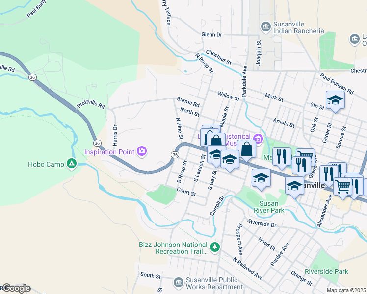 map of restaurants, bars, coffee shops, grocery stores, and more near 400 Main Street in Susanville