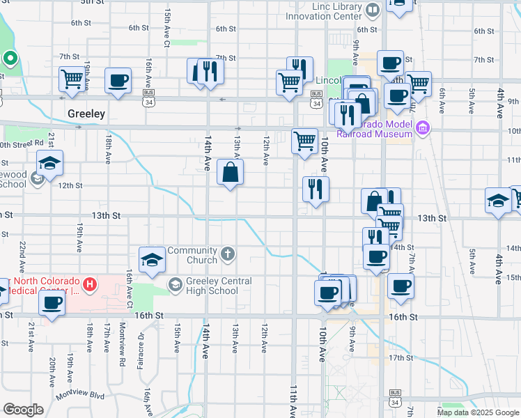 map of restaurants, bars, coffee shops, grocery stores, and more near 1221 12th Avenue in Greeley
