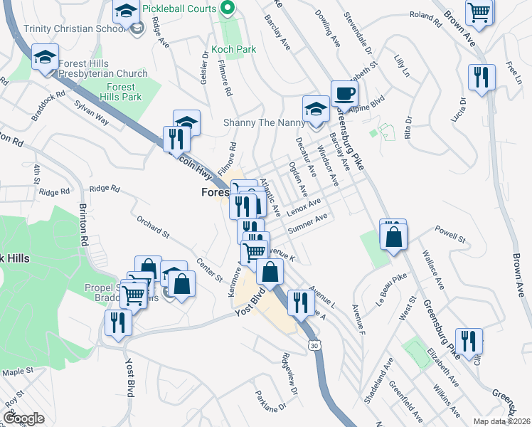 map of restaurants, bars, coffee shops, grocery stores, and more near 538 Halsey Avenue in Pittsburgh