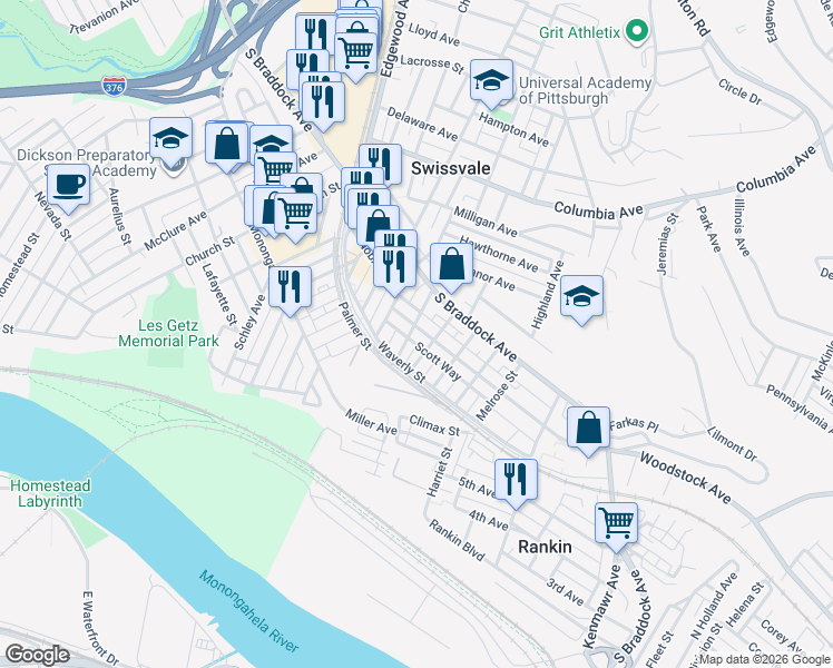 map of restaurants, bars, coffee shops, grocery stores, and more near 2227 Woodstock Avenue in Pittsburgh