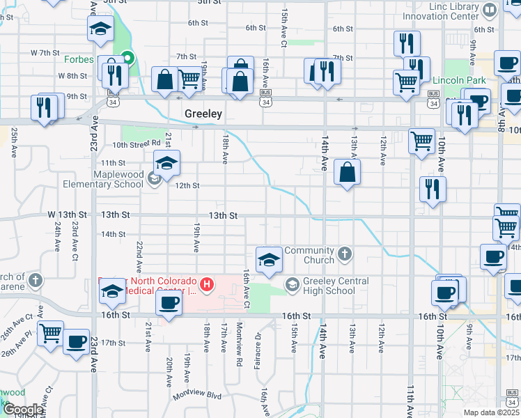 map of restaurants, bars, coffee shops, grocery stores, and more near 1613 13th Street in Greeley