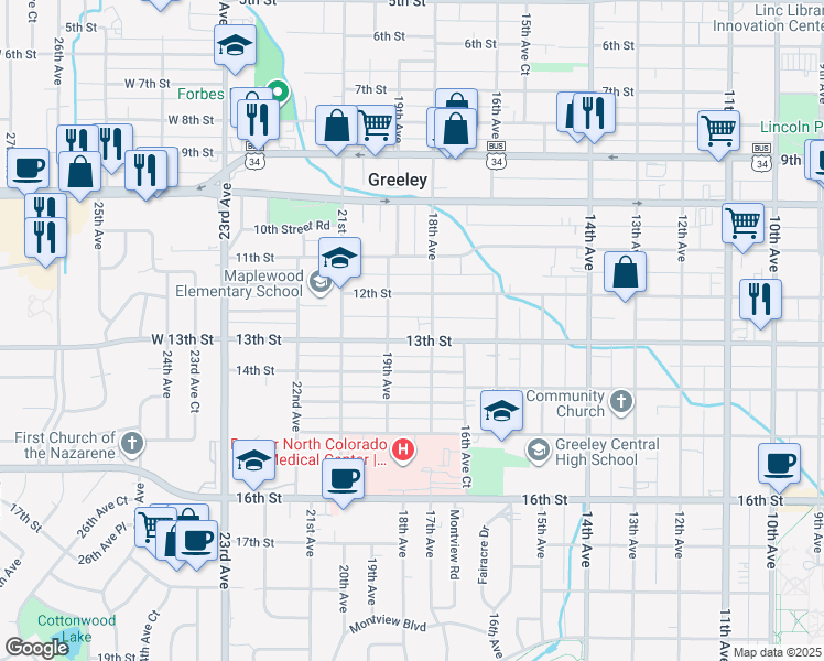 map of restaurants, bars, coffee shops, grocery stores, and more near 1813 13th Street in Greeley