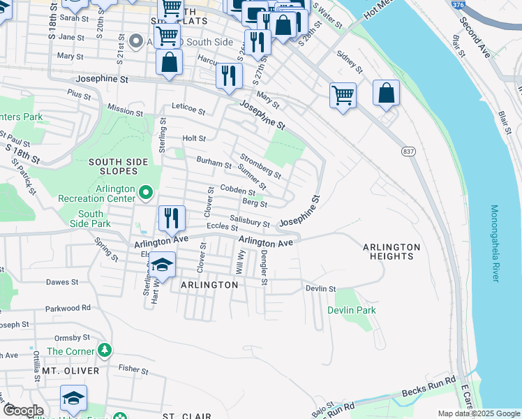 map of restaurants, bars, coffee shops, grocery stores, and more near 2833 Patterson Street in Pittsburgh
