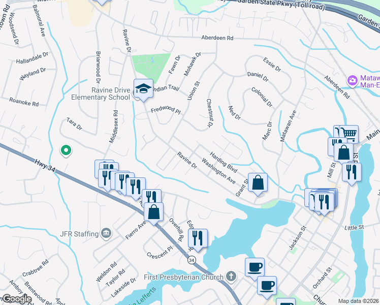 map of restaurants, bars, coffee shops, grocery stores, and more near 210 Washington Avenue in Matawan