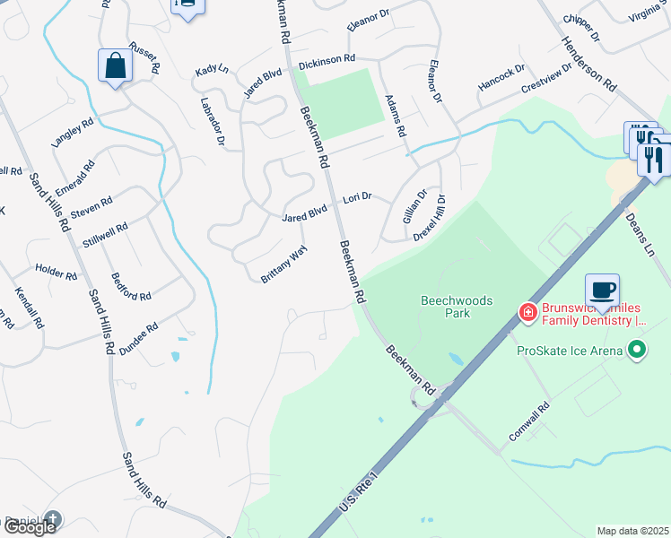 map of restaurants, bars, coffee shops, grocery stores, and more near 108 Beekman Road in South Brunswick Township