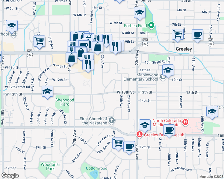 map of restaurants, bars, coffee shops, grocery stores, and more near 1233 24th Avenue Court in Greeley