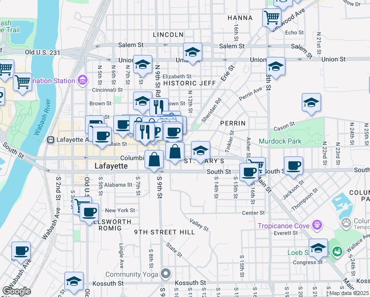 map of restaurants, bars, coffee shops, grocery stores, and more near 1107 Main Street in Lafayette