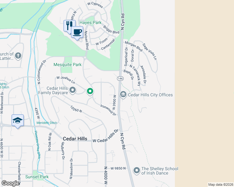 map of restaurants, bars, coffee shops, grocery stores, and more near 10262 North 3900 West in Cedar Hills
