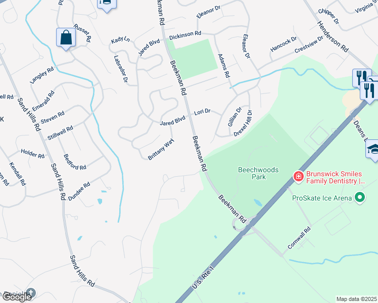 map of restaurants, bars, coffee shops, grocery stores, and more near 108 Beekman Road in South Brunswick Township