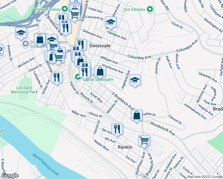 map of restaurants, bars, coffee shops, grocery stores, and more near 2329 South Braddock Avenue in Pittsburgh