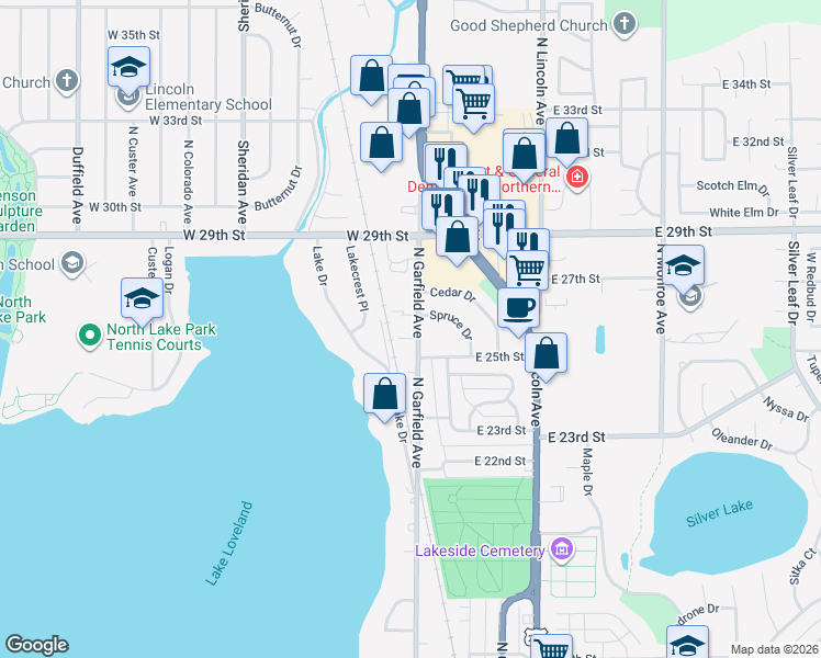 map of restaurants, bars, coffee shops, grocery stores, and more near 2531 North Garfield Avenue in Loveland
