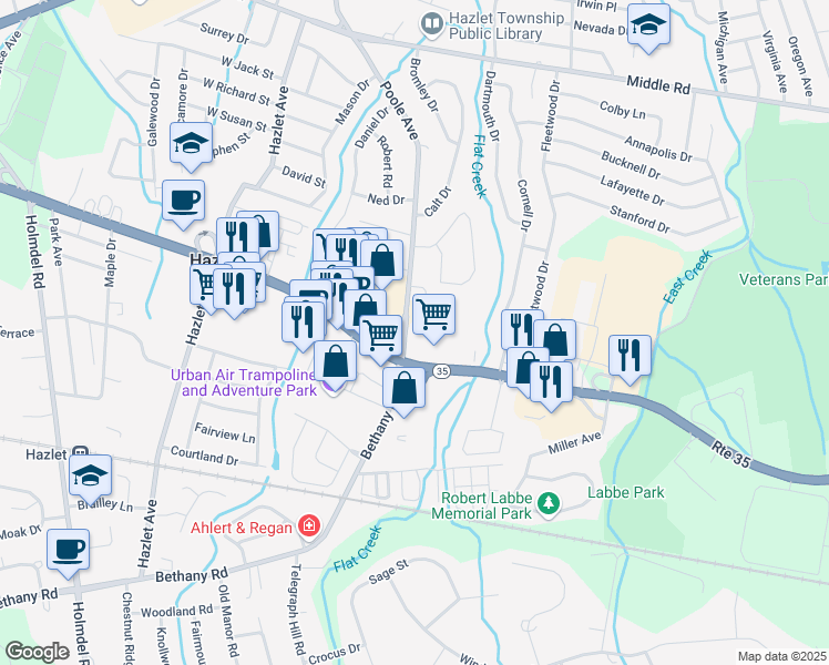 map of restaurants, bars, coffee shops, grocery stores, and more near 3001 New Jersey 35 in Hazlet