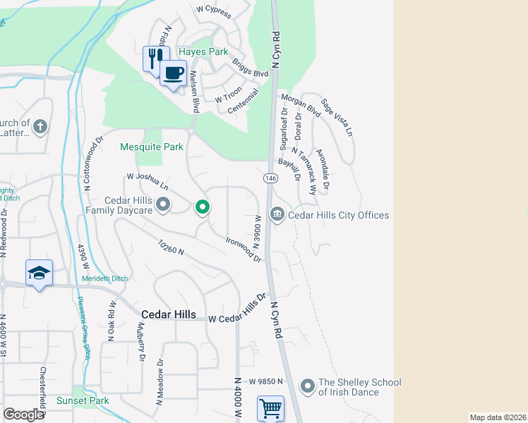 map of restaurants, bars, coffee shops, grocery stores, and more near 10262 North 3900 West in Cedar Hills