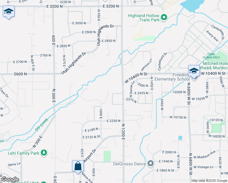 map of restaurants, bars, coffee shops, grocery stores, and more near 2595 North 1200 East in Lehi