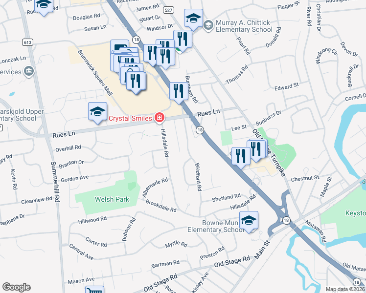 map of restaurants, bars, coffee shops, grocery stores, and more near 19 Sheridan Avenue in East Brunswick
