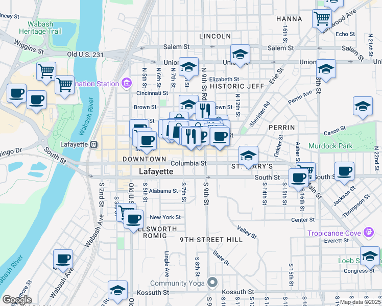 map of restaurants, bars, coffee shops, grocery stores, and more near 123 North 8th Street in Lafayette