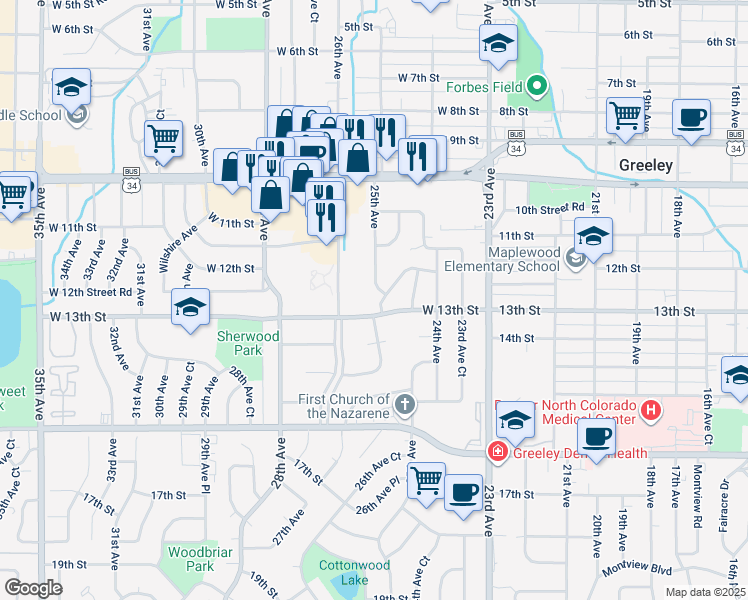 map of restaurants, bars, coffee shops, grocery stores, and more near 1205 25th Avenue in Greeley