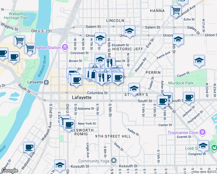 map of restaurants, bars, coffee shops, grocery stores, and more near 839 Main Street in Lafayette