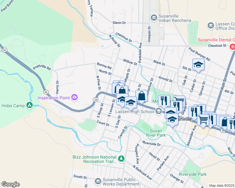 map of restaurants, bars, coffee shops, grocery stores, and more near 701 Main Street in Susanville
