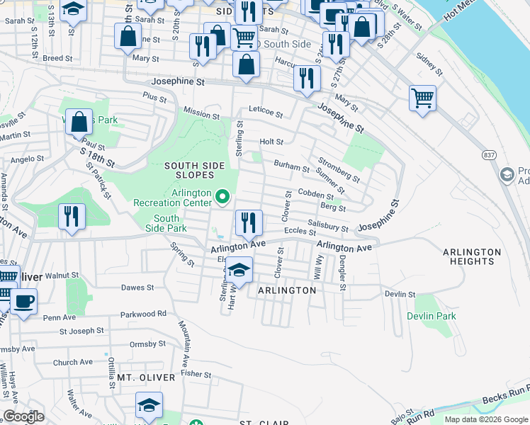 map of restaurants, bars, coffee shops, grocery stores, and more near 2401 Salisbury Street in Pittsburgh