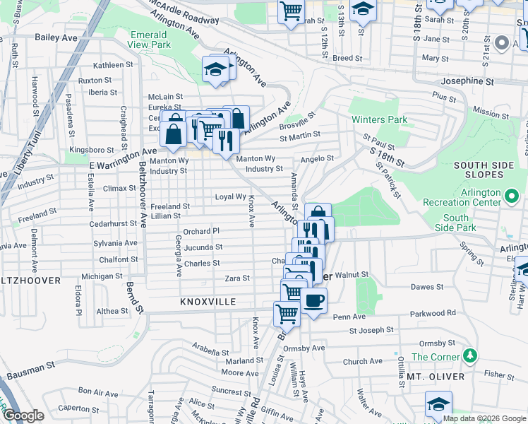 map of restaurants, bars, coffee shops, grocery stores, and more near 405 Knox Avenue in Pittsburgh
