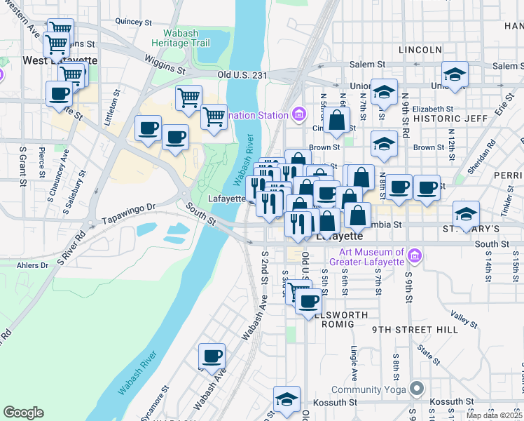 map of restaurants, bars, coffee shops, grocery stores, and more near 219 Main Street in Lafayette