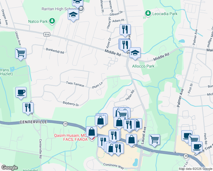 map of restaurants, bars, coffee shops, grocery stores, and more near 11A Plum Lane in Holmdel