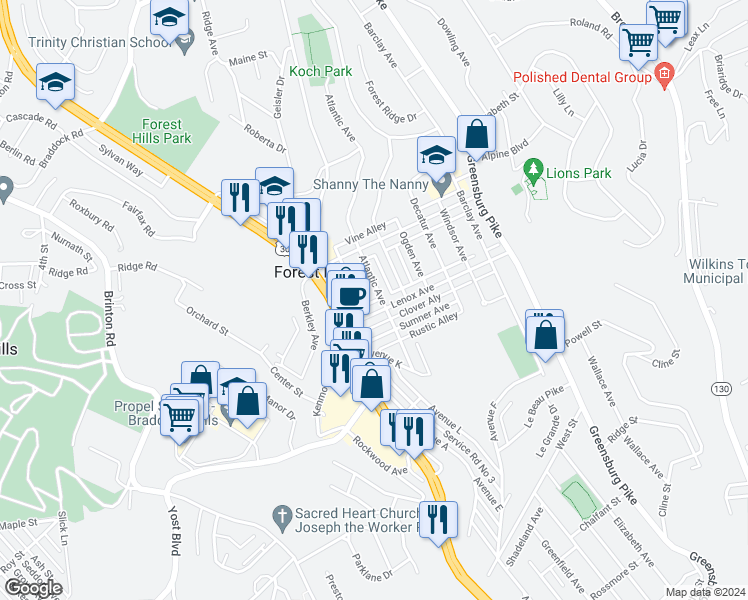 map of restaurants, bars, coffee shops, grocery stores, and more near 534 Halsey Avenue in Pittsburgh
