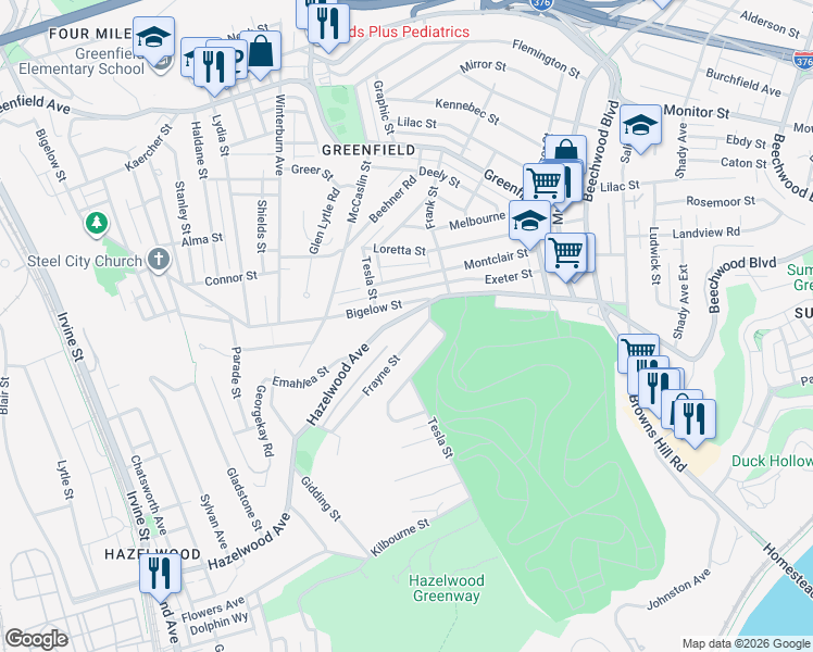 map of restaurants, bars, coffee shops, grocery stores, and more near 636 Hazelwood Avenue in Pittsburgh