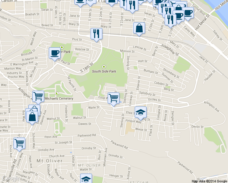 map of restaurants, bars, coffee shops, grocery stores, and more near 1404 Fernleaf Street in Pittsburgh