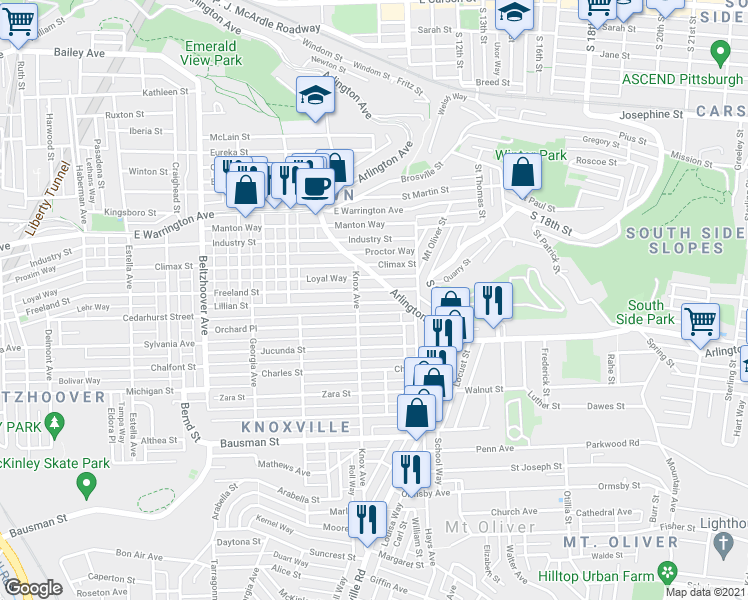 map of restaurants, bars, coffee shops, grocery stores, and more near 405 Knox Avenue in Pittsburgh