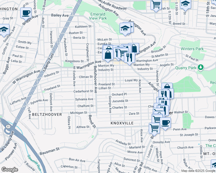 map of restaurants, bars, coffee shops, grocery stores, and more near 402 Walter Street in Pittsburgh