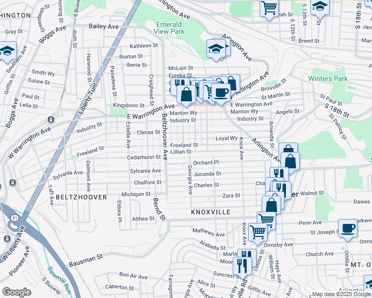 map of restaurants, bars, coffee shops, grocery stores, and more near 402 Walter Street in Pittsburgh
