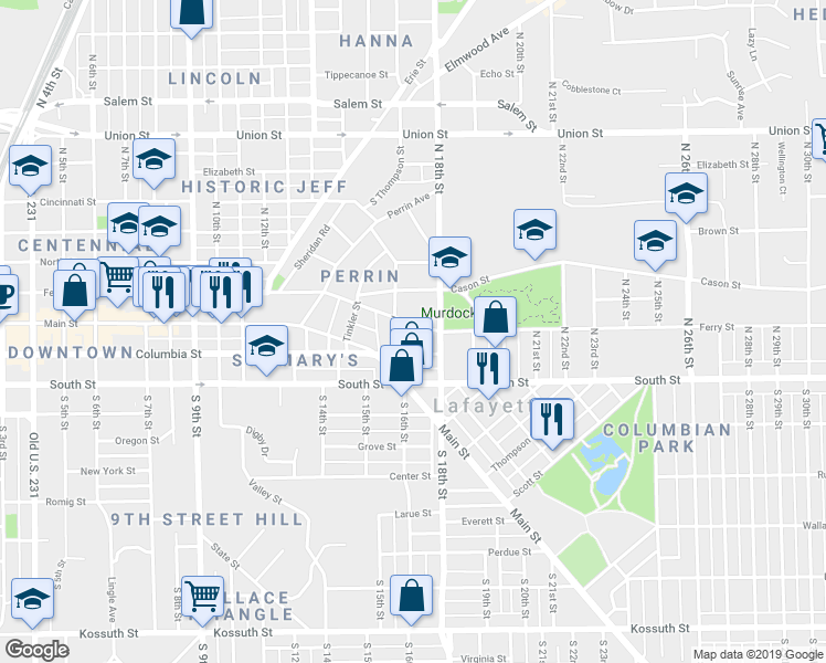 map of restaurants, bars, coffee shops, grocery stores, and more near in Lafayette