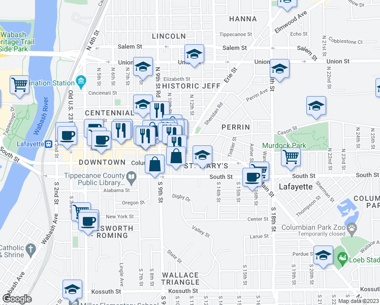 map of restaurants, bars, coffee shops, grocery stores, and more near 1109 Main Street in Lafayette