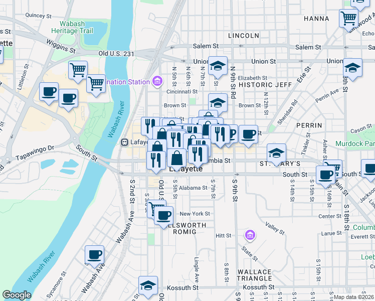 map of restaurants, bars, coffee shops, grocery stores, and more near 217 North 6th Street in Lafayette
